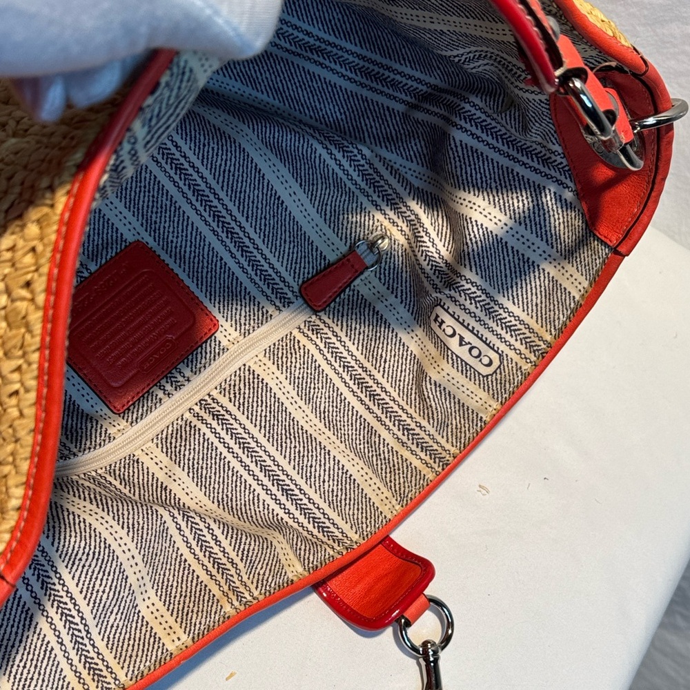 Vintage Coach Large Raffia Hobo Straw/Leather Bag with Coral Trim - Picture 11 of 16